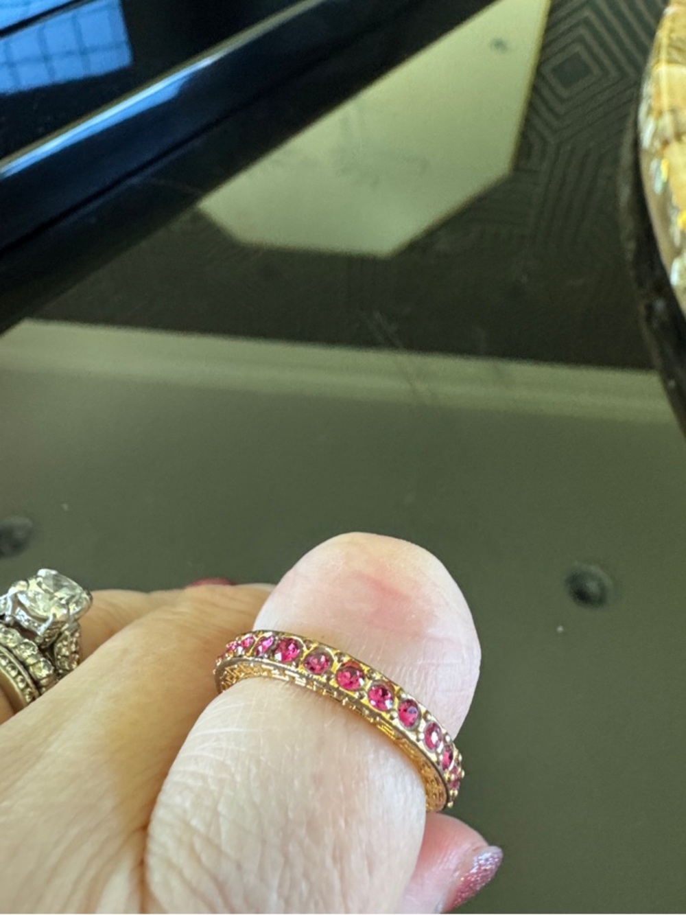 Versace Gold Ring with Pink crystal Stones. Size 7